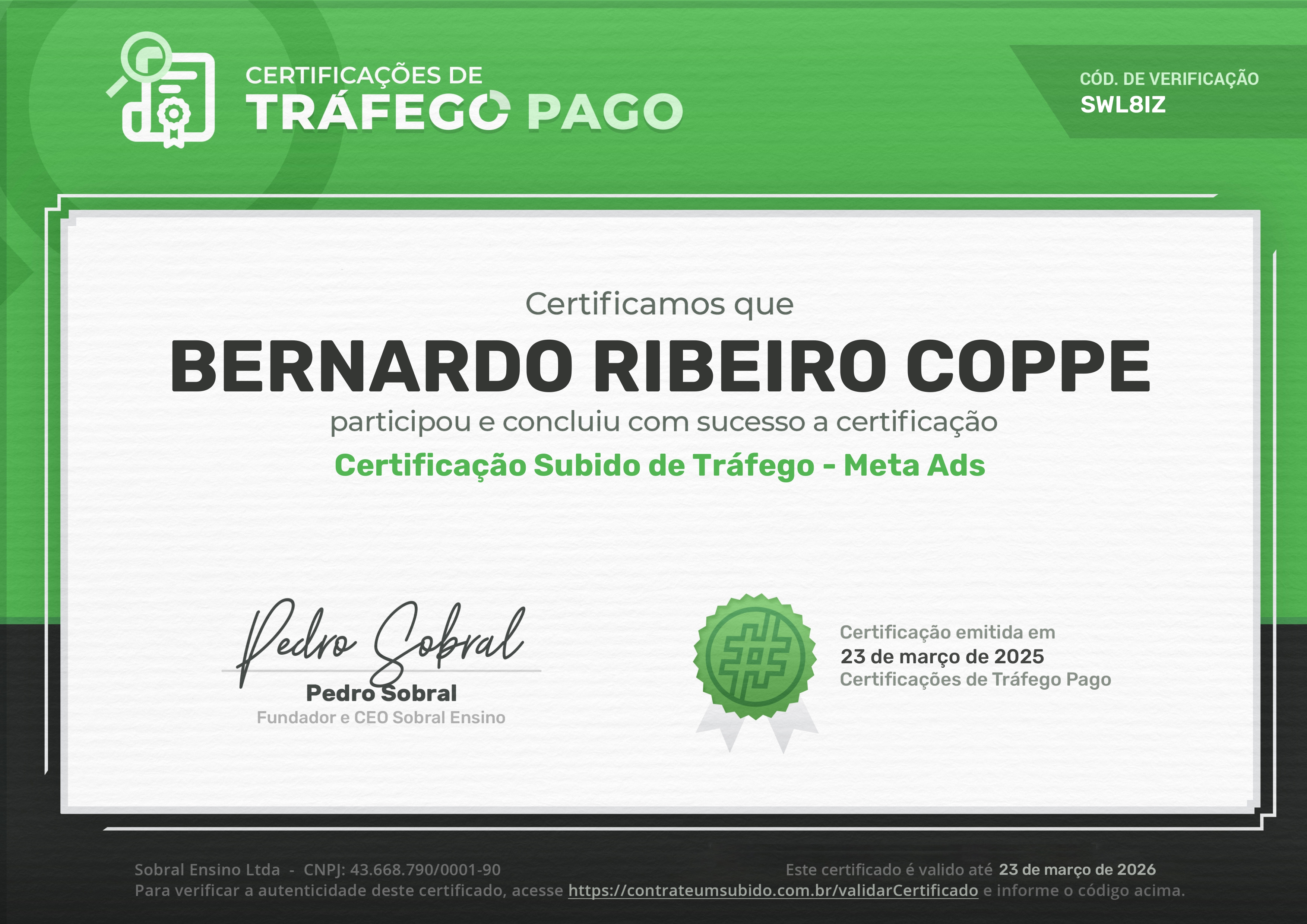 Certificado de Tráfego Pago